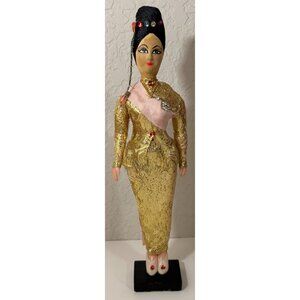 Vintage 1970s Thai Dancer Collectible Doll Gold Dress Painted Face Display Stand